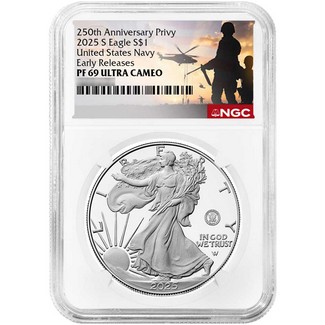 2025 S Proof Silver Eagle 250th Anniversary United States Navy Privy NGC PF69 UC ER Military Label
