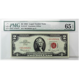 Series 1963 $2 Red Seal Star Note PMG 65 Gem Uncirculated Exceptional Paper Quality