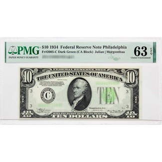 Series 1934 $10 Federal Reserve Note Philadelphia PMG Choice Uncirculated 63 EPQ