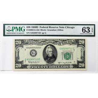 Series 1950-D $20 Federal Reserve Note PMG Choice UNC 63 Exceptional Paper Quality
