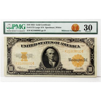 Series 1922 $10 Gold Certificate PMG Very Fine 30
