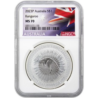 2023 P $1 Australia Silver Kangaroo NGC MS70 Flag Label