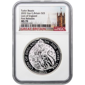 2022 £5 Great Britain 2oz Silver Tudor Beasts 'Lion of England' NGC MS70 First Releases GB Label