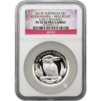 2012 P Australia $1 Silver Kookaburra High Relief NGC PF70 Ultra Cameo Early Releases Flag Label