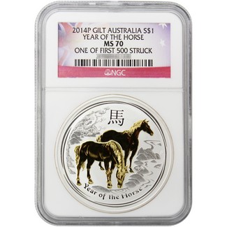 2014 P Australia $1 Gilded Silver Year of the Horse NGC MS70 One of First 500 Struck