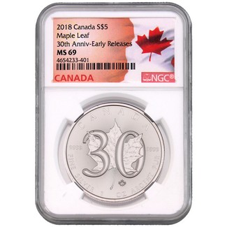 2018 Canada 1oz Silver Maple Leaf NGC MS69 30th Anniversary ER Flag Label