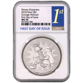 2018 $2 Niue Disney Characters- Scrooge McDuck Silver 1 oz.  NGC MS70 First Day Issue