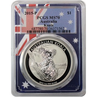 2015 P Australia $1 Silver Koala PCGS MS70 Flag Picture Frame