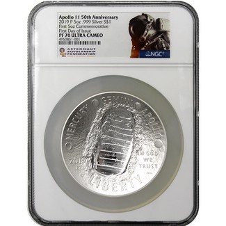 2019 P 50th Anniversary Apollo 11 5oz Proof Silver Dollar NGC PF70 UCAM First Day Issue ASF Label