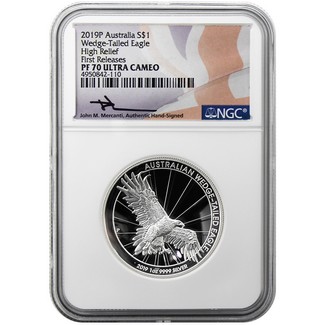 2019 P $1 High Relief 1oz Silver Proof Wedge Tailed Eagle NGC PF70 UC First Releases Mercanti Signed