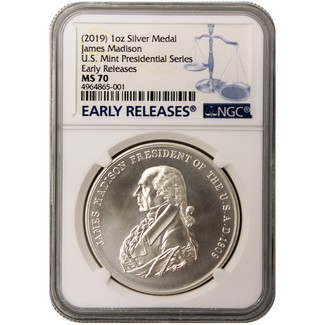 (2019) James Madison Silver Medal NGC MS70 Early Releases Blue Label