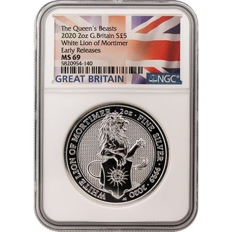 2020 GB Queen's Beasts ‘White Lion of Mortimer' 2oz Silver NGC MS69 Early Releases Flag Label