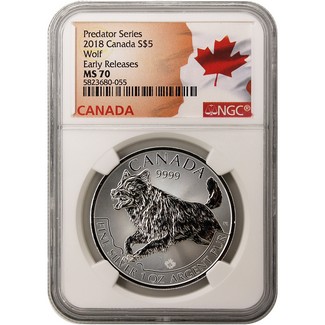 2018 Canada Predator Series Wolf Silver 1 oz  Coin NGC MS70 ER Flag Label