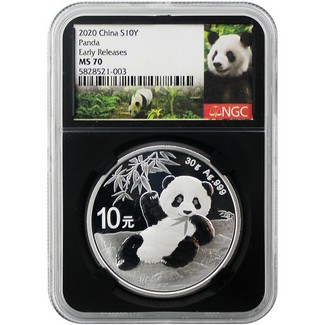 2020 Silver China Panda NGC MS70 Early Releases Black Core Panda Label