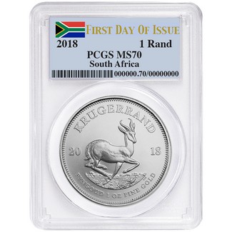 2018 1 Rand 1oz Silver Krugerrand PCGS MS70 First Day of Issue