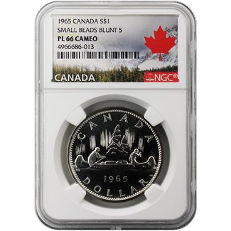 1965 Canadian Silver Dollar Small Beads Blunt 5 NGC PL66 Cameo Canadian SML Label