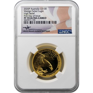2020 P $100 HR 1oz Gold Proof Wedge Tailed Eagle NGC PF70 UC First Day Issue Mercanti Signed