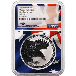 2020 P Australia Wedge-Tailed Eagle 1oz Silver NGC MS70 First Day Issue Flag Core Mercanti Signed