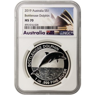 2019 $1 Australia Silver Bottlenose Dolphin NGC MS70