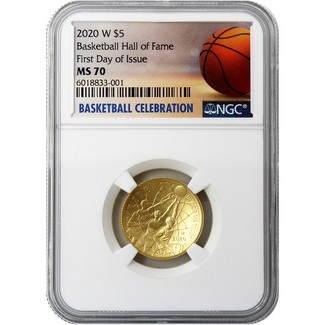 2020 W $5 UNC Gold Basketball Hall of Fame NGC MS70 FDI Basketball Celebration Label