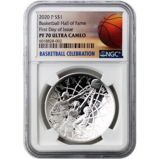 2020 P $1 Proof Silver Basketball Hall of Fame NGC PF70 UC FDI Basketball Celebration Label