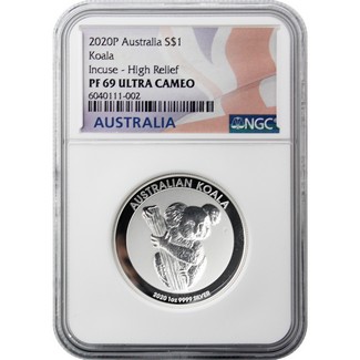 2020 P $1 Australia Koala Silver 1 oz Incuse High Relief NGC PF69 Ultra Cameo Flag Label