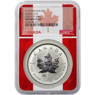 2014 $5 Silver Canada Maple Leaf NGC Reverse PF69 Chicago ANA Privy Flag Core