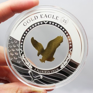 2021 $5 Solomon Islands 35th Anniversary of the Gold Eagle 2 oz Silver with thin Gold Inlay in OGP