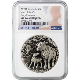 2021 P $2 Australia 2oz. Silver Year of the Ox NGC MS70 Antiqued Early Releases