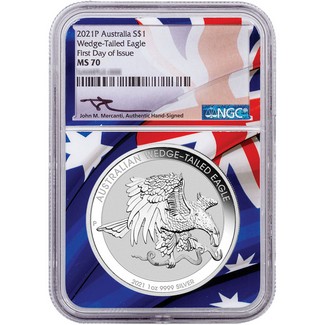 2021 P Australia Wedge-Tailed Eagle 1oz Silver NGC MS70 First Day Issue Flag Core Mercanti Signed