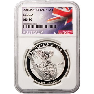 2015 P Australia $1 Silver Koala NGC MS70 Flag Label