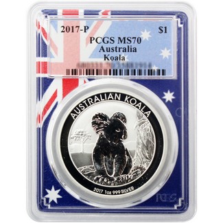 2017 P Australia $1 Silver Koala PCGS MS70 Flag Picture Frame