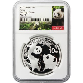 2021 China Panda Silver 30 gram NGC MS70 First Day Issue Panda Label
