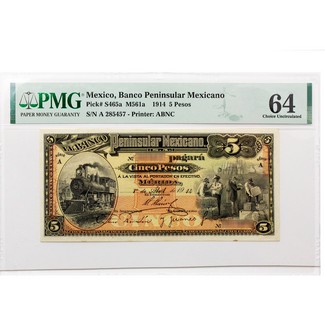 1914 5 Pesos Banco Peninsular Mexicano PMG 64 Choice Uncirculated
