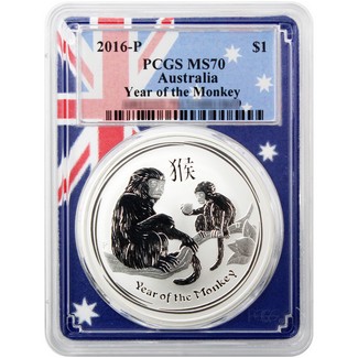 2016 P 1 oz Silver Year of the Monkey PCGS MS70 Flag Picture Frame POP=41