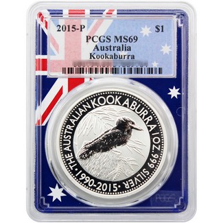 2015 P $1 1oz Silver Kookaburra PCGS MS69 Flag Picture Frame