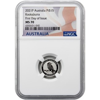 2021 P $15 Australian 1/10 oz Platinum Kookaburra NGC MS70 FDI Flag Label