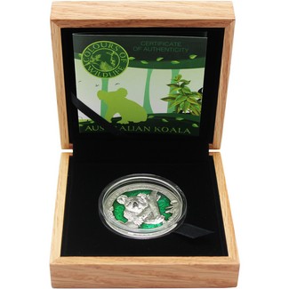 2022 $5 Barbados Koala 3 oz Antiqued Silver High Relief Coin with Translucent Green Enamel Inlay