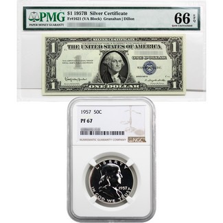 1957 Proof Franklin Half Dollar NGC PF67 & 1957 $1 Silver Certificate PMG 66 Gem Uncirculated EPQ
