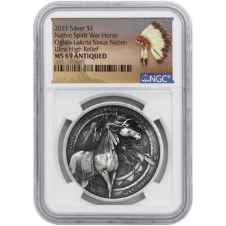 2021 Oglala Lakota Sioux Nation $1 Silver Antiqued War Horse NGC MS69 Native American Label