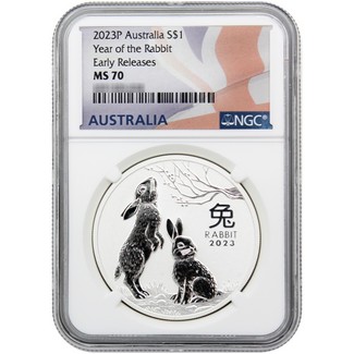 2023 Perth Mint Year of the Rabbit 1 Oz Silver Coin NGC MS70 ER Australian Flag Label