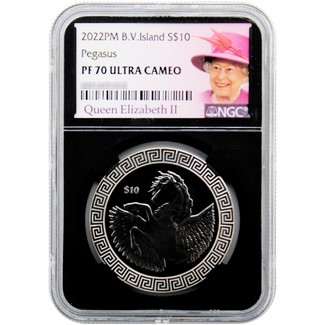 2022 $10 BVI 1oz Silver Pegasus Pearl Black Finish NGC PF70 UC Black Core & Queen Elizabeth II Label