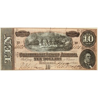 1864 $10 Confederate States of America Note Crisp Uncirculated Condition