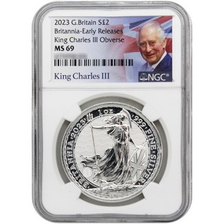 2023 Great Britain £2 Silver Britannia NGC MS69 ER King Charles III Obverse King Charles