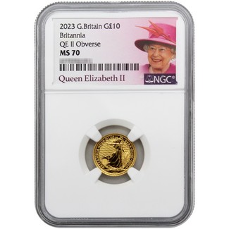 2023 G£10 Great Britain Gold 1/10th oz Britannia with Queen Elizabeth II Obverse NGC MS70