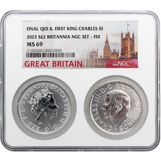 2023 Great Britain £2 Silver Britannia Queen & King NGC MS69 FDI 2-Coin Set Multiholder Tower Label