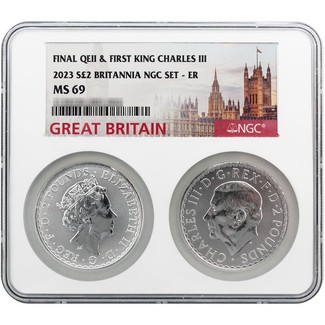 2023 Great Britain £2 Silver Britannia Queen & King NGC MS69 ER 2-Coin Set Multiholder Tower Label
