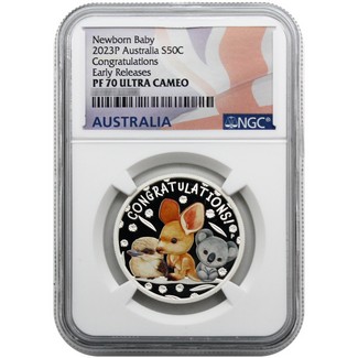 2023 Perth Mint 1/2 oz Silver Colorized Congratulations Newborn NGC PF70 UC ER Australian Flag Label