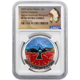 2022 $1 Eskimo Harpoon 1oz Silver Proof Curved Coin NGC PF70 Ultra Cameo Native American Label