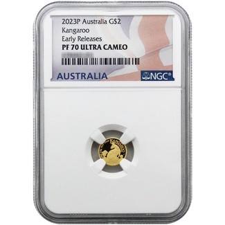 2023 $2 Australian Gold (.5 Grams) Kangaroo NGC PF70 ER Ultra Cameo Australian Flag Label
